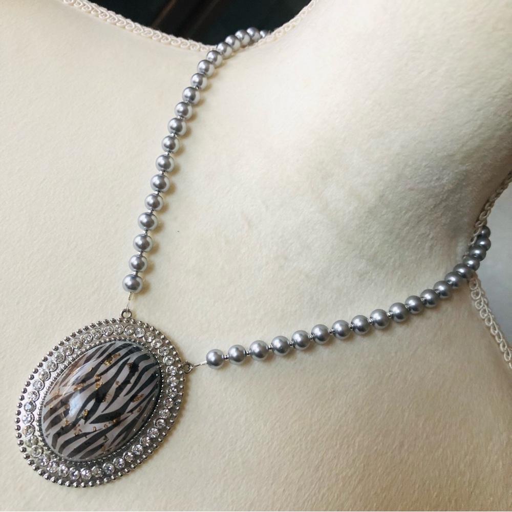 Handcrafted repurpose animal print halo medallion Czech glass Pearl necklace
